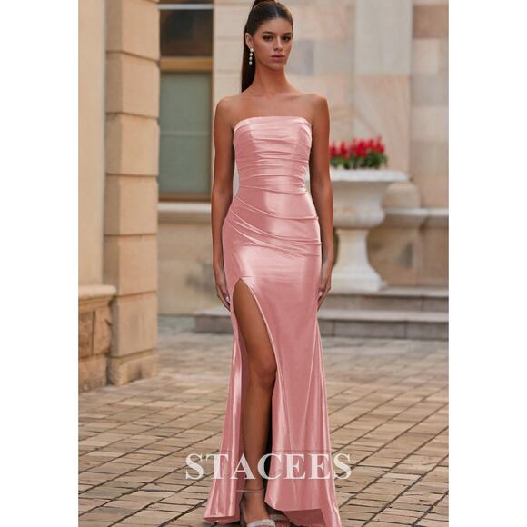 Stacees Dress Women 4‎ Dusty Pink Prom Silk Like Satin Floor Length Slit Bodycon - Picture 1 of 15